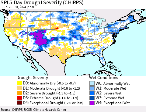 United States SPI 5-Day Drought Severity (CHIRPS) Thematic Map For 6/26/2024 - 6/30/2024