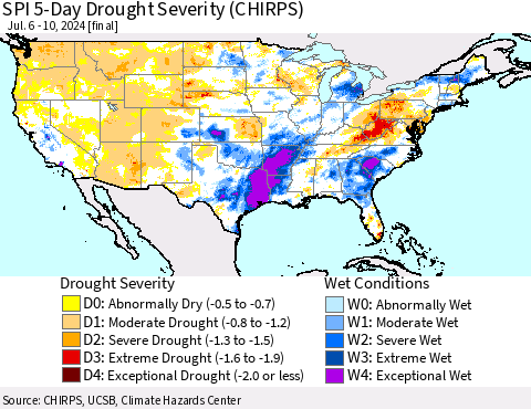 United States SPI 5-Day Drought Severity (CHIRPS) Thematic Map For 7/6/2024 - 7/10/2024