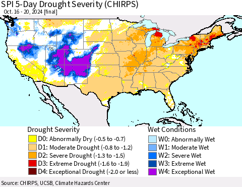 United States SPI 5-Day Drought Severity (CHIRPS) Thematic Map For 10/16/2024 - 10/20/2024