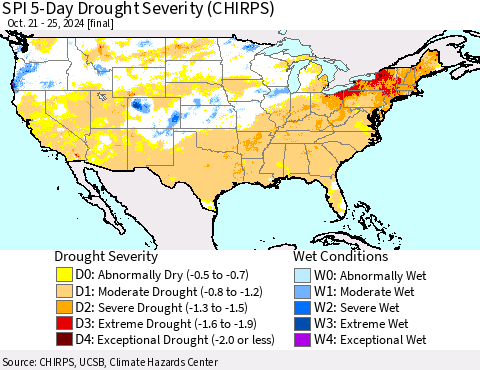 United States SPI 5-Day Drought Severity (CHIRPS) Thematic Map For 10/21/2024 - 10/25/2024