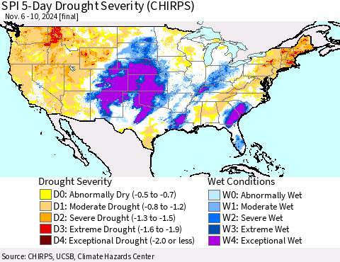 United States SPI 5-Day Drought Severity (CHIRPS) Thematic Map For 11/6/2024 - 11/10/2024