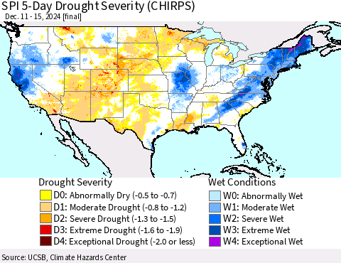 United States SPI 5-Day Drought Severity (CHIRPS) Thematic Map For 12/11/2024 - 12/15/2024