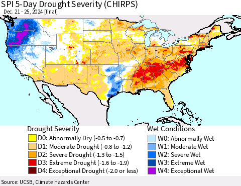 United States SPI 5-Day Drought Severity (CHIRPS) Thematic Map For 12/21/2024 - 12/25/2024