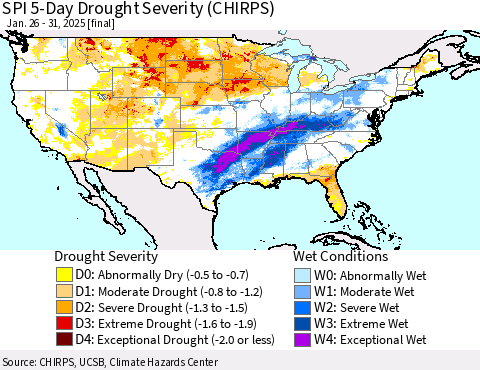 United States SPI 5-Day Drought Severity (CHIRPS) Thematic Map For 1/26/2025 - 1/31/2025