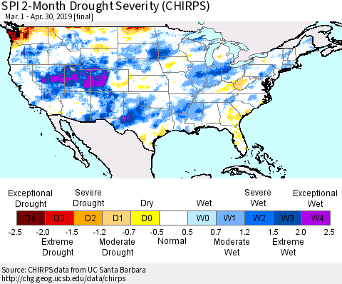 United States SPI 2-Month Drought Severity (CHIRPS) Thematic Map For 3/1/2019 - 4/30/2019