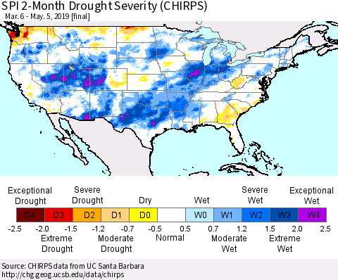 United States SPI 2-Month Drought Severity (CHIRPS) Thematic Map For 3/6/2019 - 5/5/2019