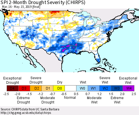 United States SPI 2-Month Drought Severity (CHIRPS) Thematic Map For 3/16/2019 - 5/15/2019
