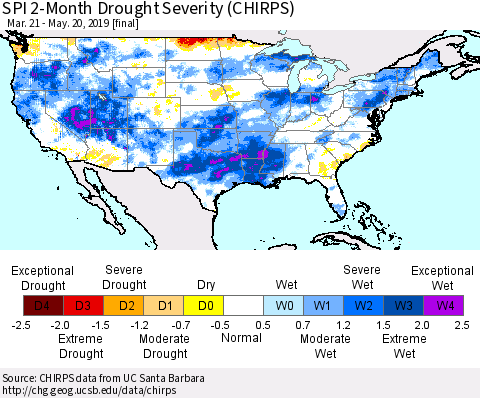 United States SPI 2-Month Drought Severity (CHIRPS) Thematic Map For 3/21/2019 - 5/20/2019