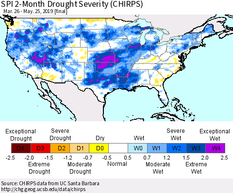 United States SPI 2-Month Drought Severity (CHIRPS) Thematic Map For 3/26/2019 - 5/25/2019