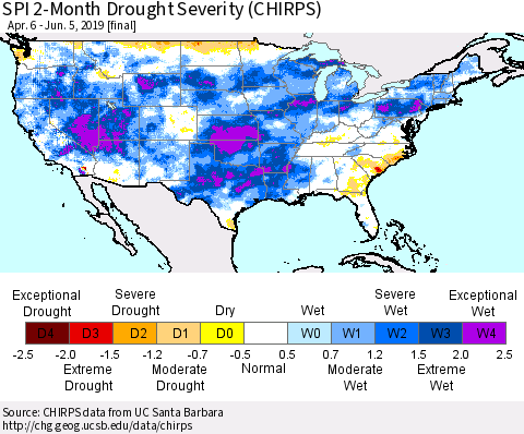 United States SPI 2-Month Drought Severity (CHIRPS) Thematic Map For 4/6/2019 - 6/5/2019