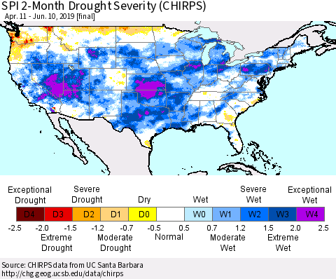 United States SPI 2-Month Drought Severity (CHIRPS) Thematic Map For 4/11/2019 - 6/10/2019