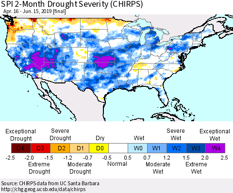 United States SPI 2-Month Drought Severity (CHIRPS) Thematic Map For 4/16/2019 - 6/15/2019