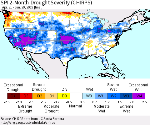 United States SPI 2-Month Drought Severity (CHIRPS) Thematic Map For 4/21/2019 - 6/20/2019