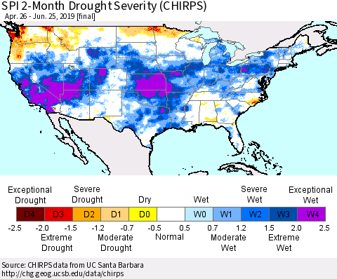 United States SPI 2-Month Drought Severity (CHIRPS) Thematic Map For 4/26/2019 - 6/25/2019