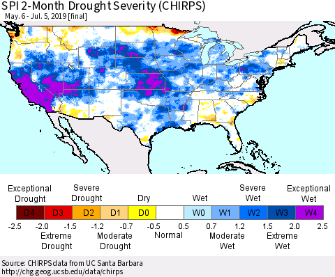 United States SPI 2-Month Drought Severity (CHIRPS) Thematic Map For 5/6/2019 - 7/5/2019