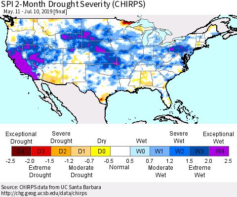 United States SPI 2-Month Drought Severity (CHIRPS) Thematic Map For 5/11/2019 - 7/10/2019