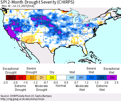 United States SPI 2-Month Drought Severity (CHIRPS) Thematic Map For 5/16/2019 - 7/15/2019