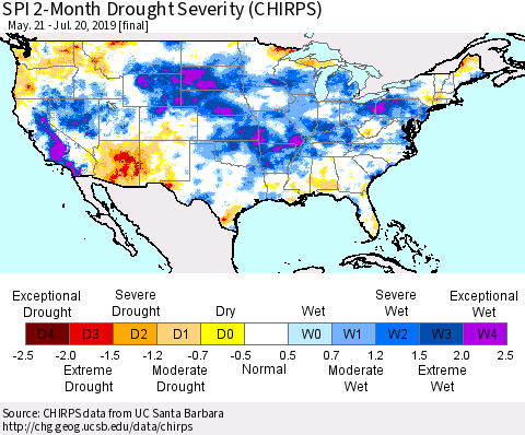 United States SPI 2-Month Drought Severity (CHIRPS) Thematic Map For 5/21/2019 - 7/20/2019