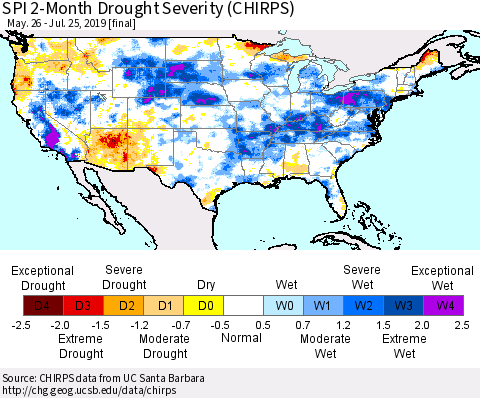 United States SPI 2-Month Drought Severity (CHIRPS) Thematic Map For 5/26/2019 - 7/25/2019