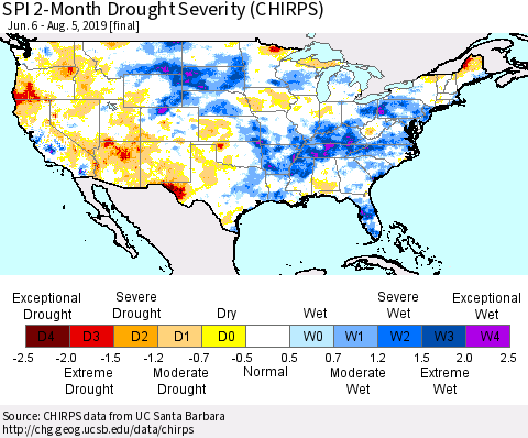 United States SPI 2-Month Drought Severity (CHIRPS) Thematic Map For 6/6/2019 - 8/5/2019
