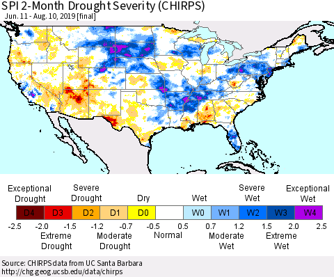 United States SPI 2-Month Drought Severity (CHIRPS) Thematic Map For 6/11/2019 - 8/10/2019