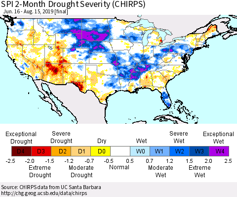 United States SPI 2-Month Drought Severity (CHIRPS) Thematic Map For 6/16/2019 - 8/15/2019