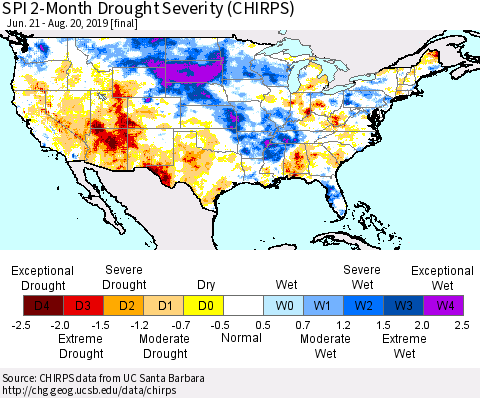 United States SPI 2-Month Drought Severity (CHIRPS) Thematic Map For 6/21/2019 - 8/20/2019