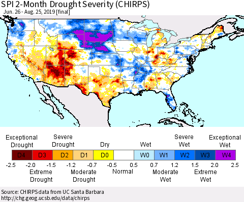 United States SPI 2-Month Drought Severity (CHIRPS) Thematic Map For 6/26/2019 - 8/25/2019