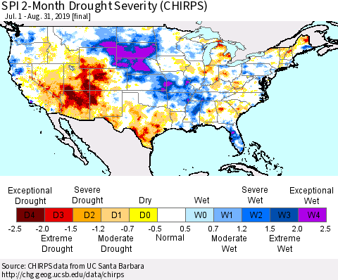 United States SPI 2-Month Drought Severity (CHIRPS) Thematic Map For 7/1/2019 - 8/31/2019