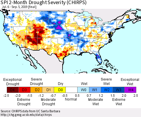 United States SPI 2-Month Drought Severity (CHIRPS) Thematic Map For 7/6/2019 - 9/5/2019