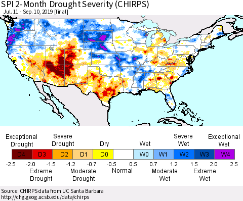United States SPI 2-Month Drought Severity (CHIRPS) Thematic Map For 7/11/2019 - 9/10/2019