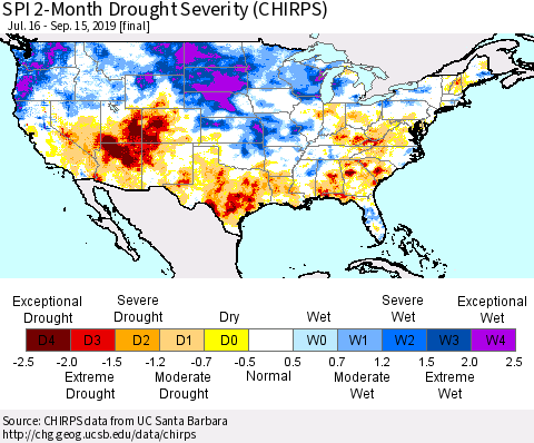 United States SPI 2-Month Drought Severity (CHIRPS) Thematic Map For 7/16/2019 - 9/15/2019