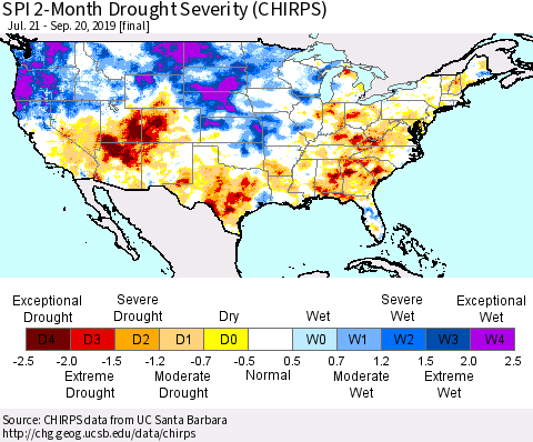 United States SPI 2-Month Drought Severity (CHIRPS) Thematic Map For 7/21/2019 - 9/20/2019