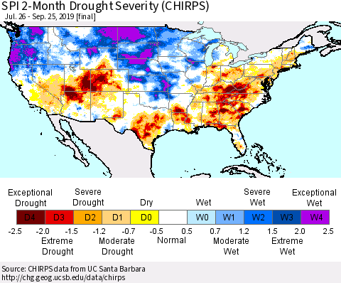 United States SPI 2-Month Drought Severity (CHIRPS) Thematic Map For 7/26/2019 - 9/25/2019