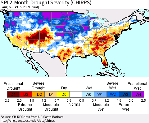 United States SPI 2-Month Drought Severity (CHIRPS) Thematic Map For 8/6/2019 - 10/5/2019