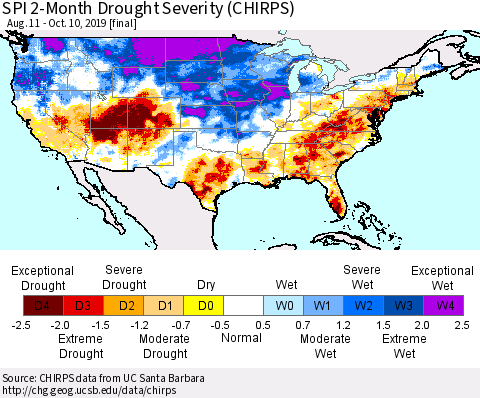 United States SPI 2-Month Drought Severity (CHIRPS) Thematic Map For 8/11/2019 - 10/10/2019