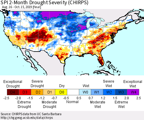 United States SPI 2-Month Drought Severity (CHIRPS) Thematic Map For 8/16/2019 - 10/15/2019