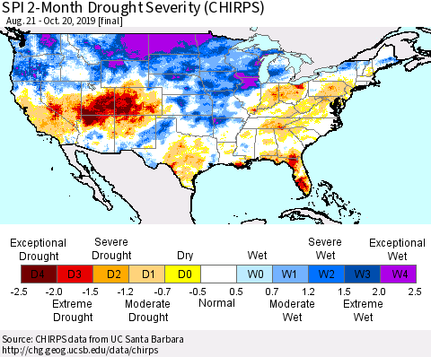 United States SPI 2-Month Drought Severity (CHIRPS) Thematic Map For 8/21/2019 - 10/20/2019