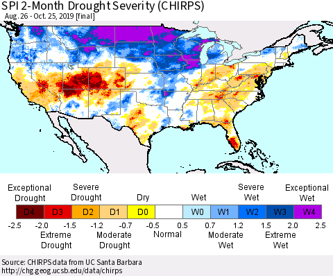 United States SPI 2-Month Drought Severity (CHIRPS) Thematic Map For 8/26/2019 - 10/25/2019