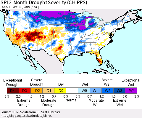 United States SPI 2-Month Drought Severity (CHIRPS) Thematic Map For 9/1/2019 - 10/31/2019