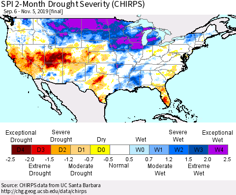 United States SPI 2-Month Drought Severity (CHIRPS) Thematic Map For 9/6/2019 - 11/5/2019