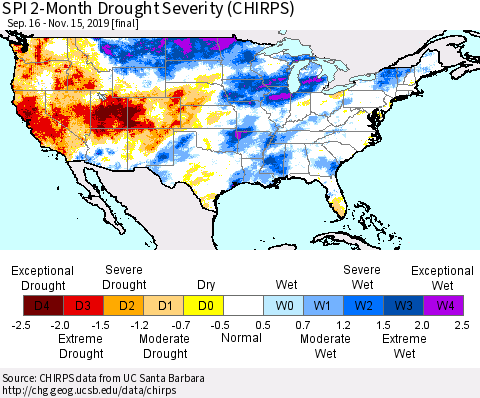 United States SPI 2-Month Drought Severity (CHIRPS) Thematic Map For 9/16/2019 - 11/15/2019