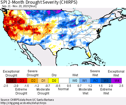 United States SPI 2-Month Drought Severity (CHIRPS) Thematic Map For 9/21/2019 - 11/20/2019