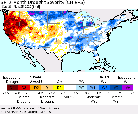 United States SPI 2-Month Drought Severity (CHIRPS) Thematic Map For 9/26/2019 - 11/25/2019