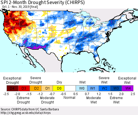 United States SPI 2-Month Drought Severity (CHIRPS) Thematic Map For 10/1/2019 - 11/30/2019