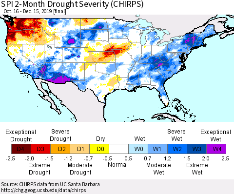 United States SPI 2-Month Drought Severity (CHIRPS) Thematic Map For 10/16/2019 - 12/15/2019