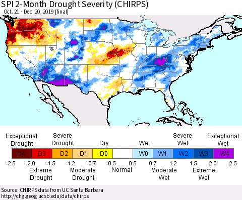 United States SPI 2-Month Drought Severity (CHIRPS) Thematic Map For 10/21/2019 - 12/20/2019