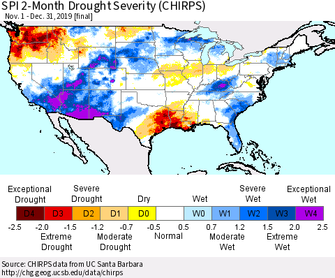 United States SPI 2-Month Drought Severity (CHIRPS) Thematic Map For 11/1/2019 - 12/31/2019