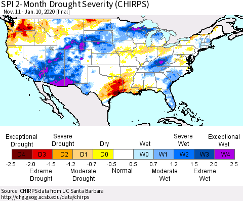 United States SPI 2-Month Drought Severity (CHIRPS) Thematic Map For 11/11/2019 - 1/10/2020