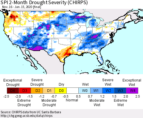 United States SPI 2-Month Drought Severity (CHIRPS) Thematic Map For 11/16/2019 - 1/15/2020